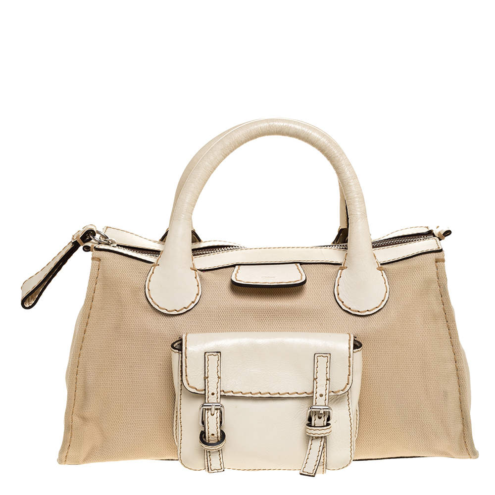 Pre Owned Chloe Light Cream Canvas and Leather Edith Satchel