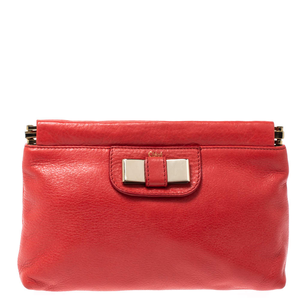 Chloe Coral Orange Leather Bow Clutch