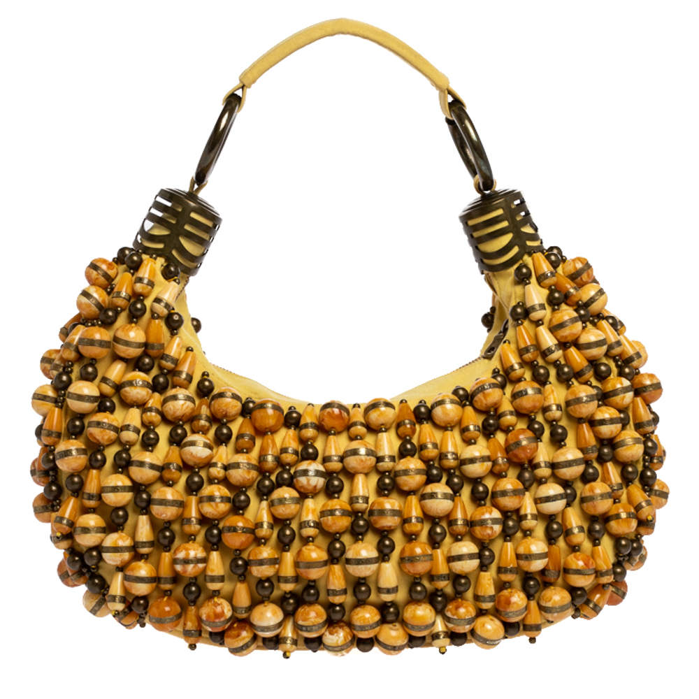 مملوكة مسبقًا Chloe Yellow Beaded Fabric Crescent Hobo