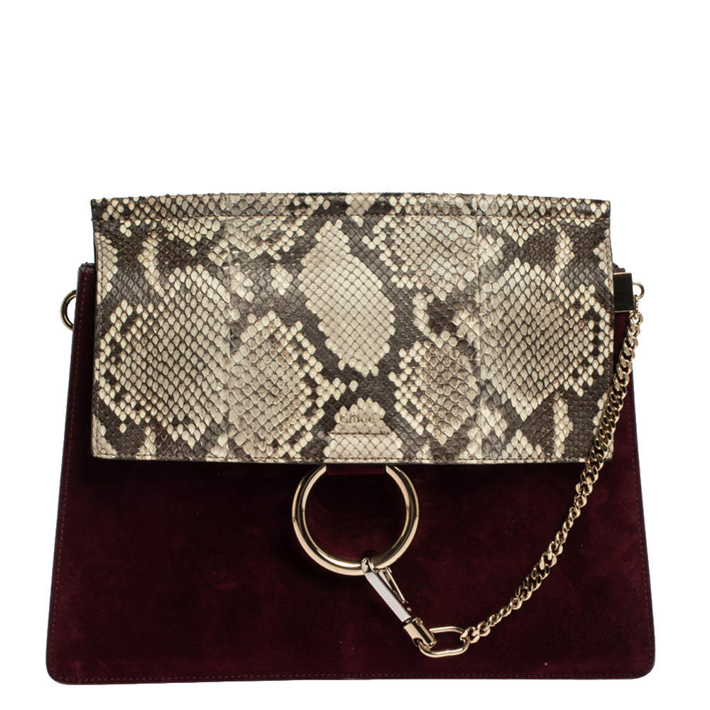 Pre Owned Chloe Burgundy Leather, Suede and Python Medium Faye Shoulder Bag