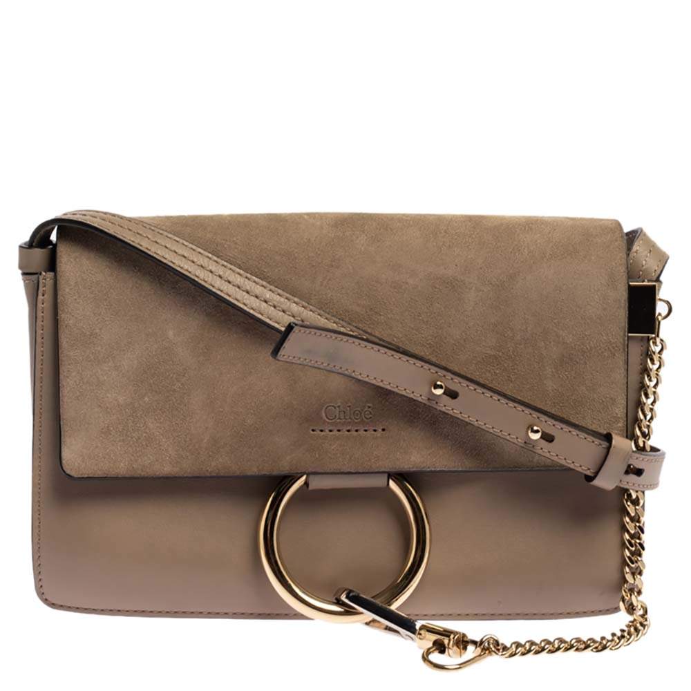 Pre Owned Chloe Dark Beige Leather and Suede Faye Shoulder Bag
