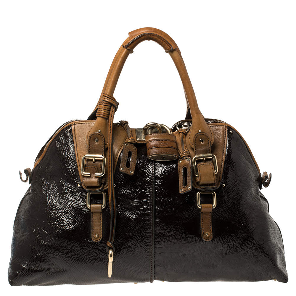 مملوكة مسبقًا Chloe Dark Brown/Brown Patent Leather Paddington Dome Satchel 