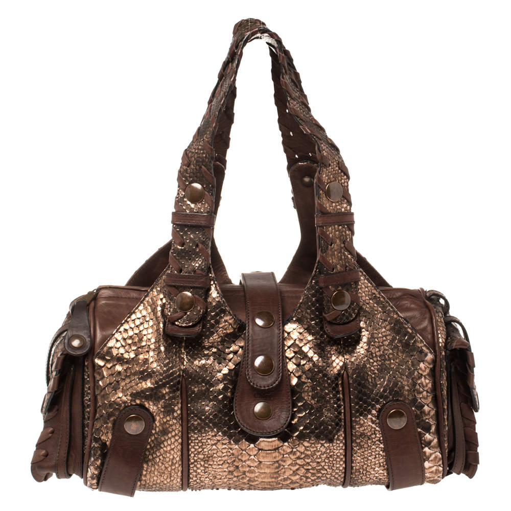 Pre Owned Chloe Brown/Rose Gold Python and Leather Silverado Satchel