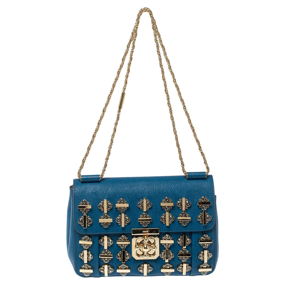مملوكة مسبقًا Chloe Blue Leather Medium Crystal Embellished Elsie Shoulder Bag
