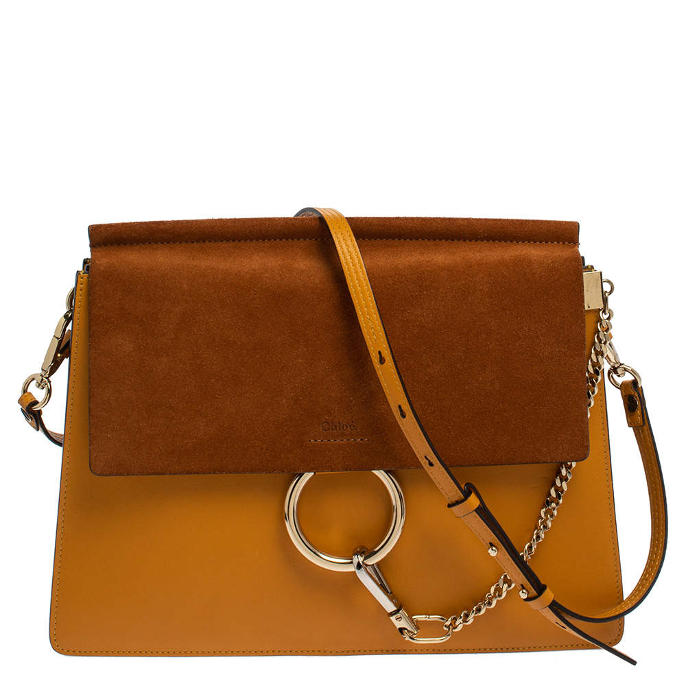 Pre Owned Chloe Yellow/Brown Leather and Suede Medium Faye Shoulder Bag