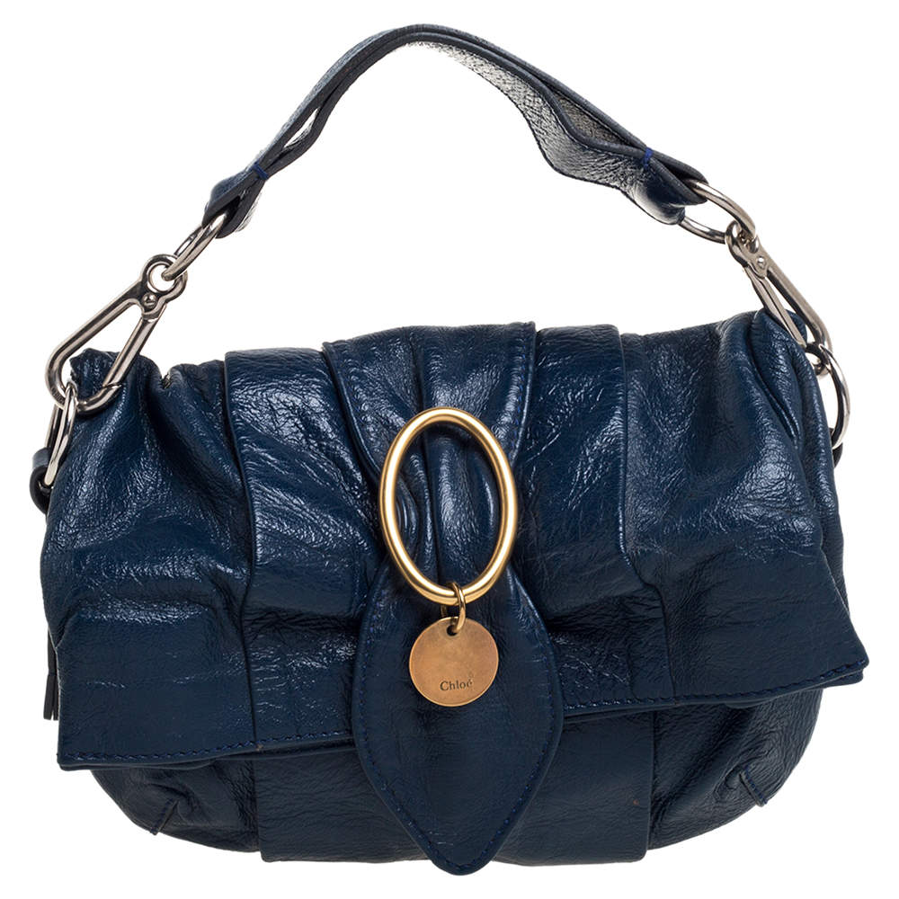 Pre Owned Chloe Navy Blue Glazed Leather Buckle Bow Fold Over Clutch Bag