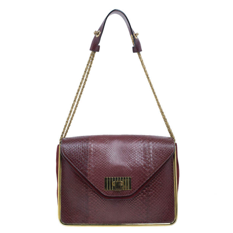 Pre Owned Chloe Burgundy Python Medium Sally Shoulder Bag