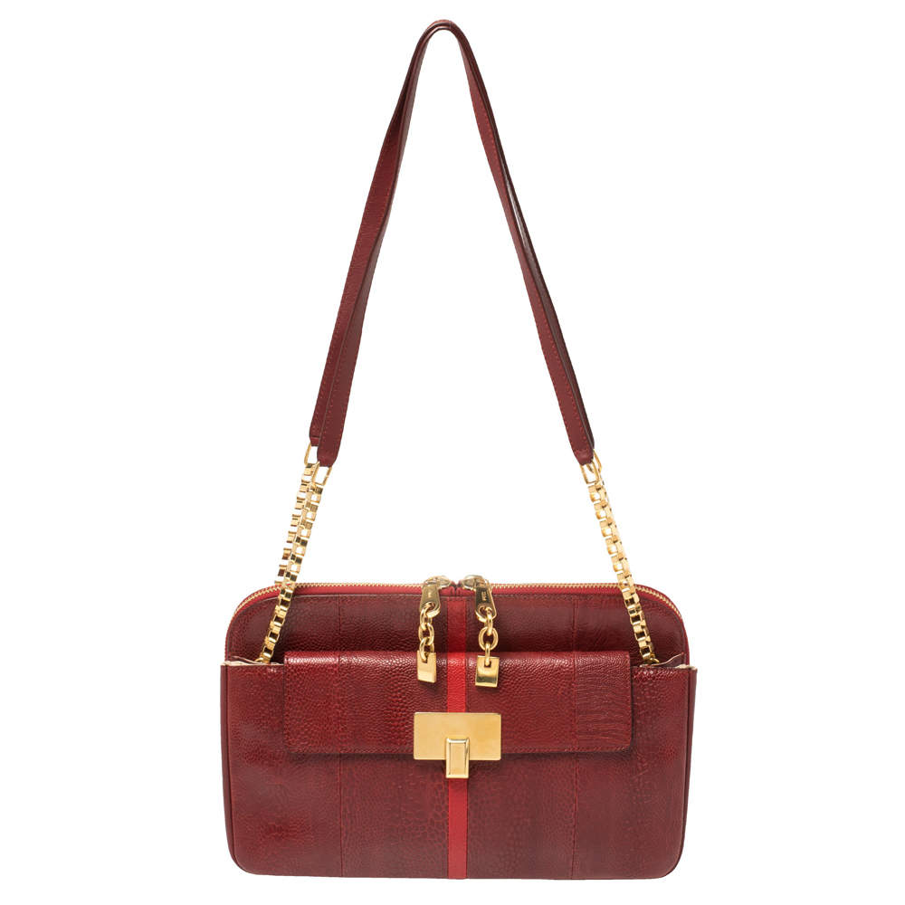 Pre Owned Chloe Maroon Python Embossed Leather Shoulder Bag