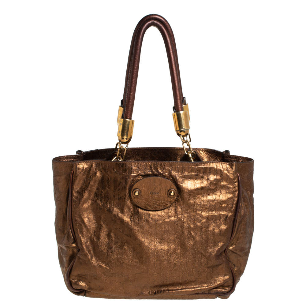 Pre Owned Chloe Metallic Bronze Parallel Line Detail Leather Logo Tote 