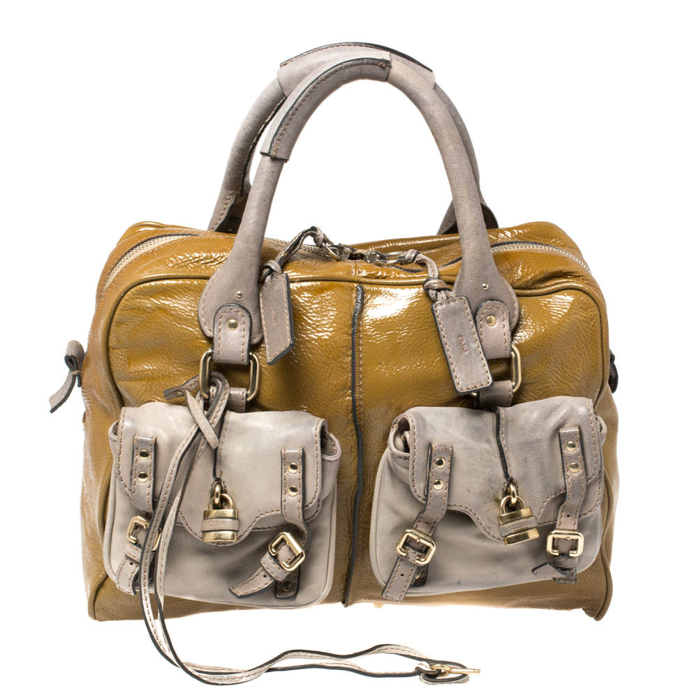 Pre Owned Chloe Olive Green/Grey Patent And Leather Double Pocket Paddington Satchel