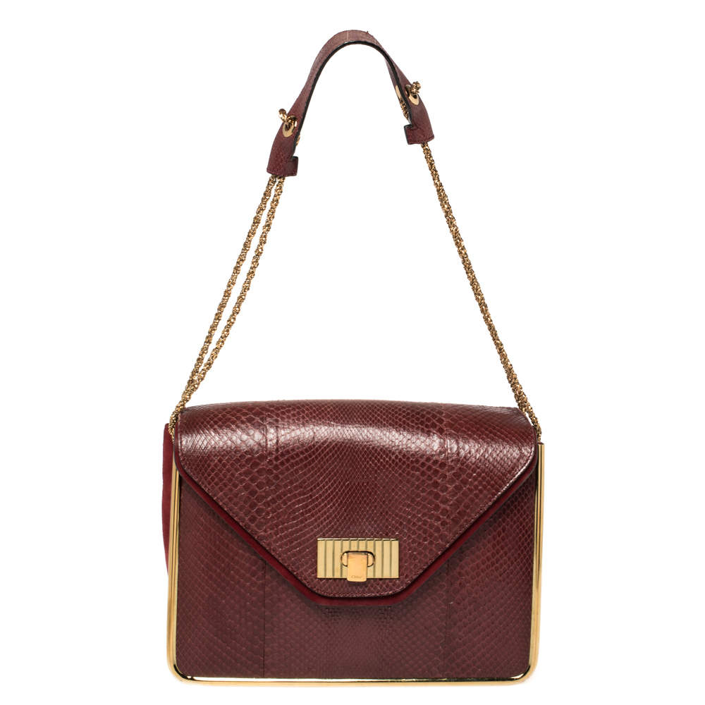 Pre Owned Chloe Burgundy Python and Suede Medium Sally Shoulder Bag