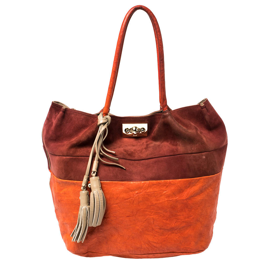 Pre Owned Chloé Orange/Burgundy Suede and Leather Colorblock Tassel Tote