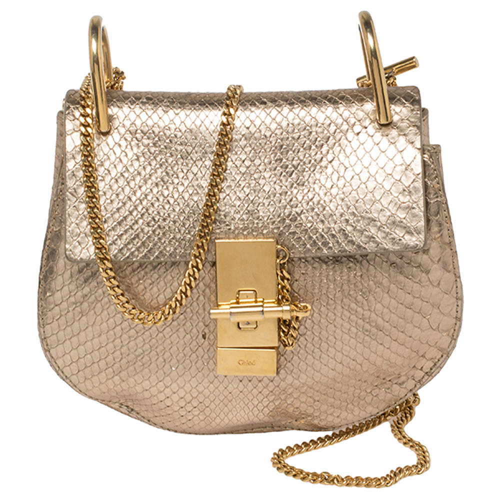 مملوكة مسبقًا Chloe Metallic Gold Python Mini Drew Shoulder Bag
