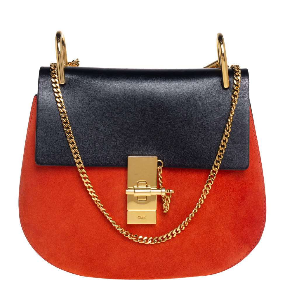 Chloe Black/Orange Leather and Suede Medium Drew Shoulder Bag