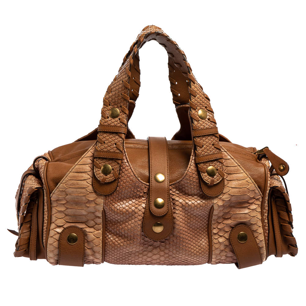Pre Owned Chloe Beige/Brown Python and Leather Silverado Satchel
