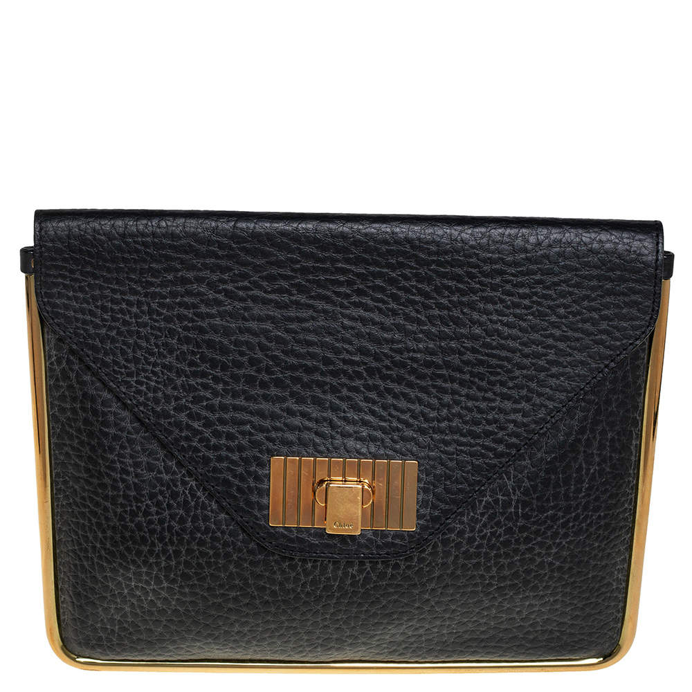 Pre Owned Chloe Black Pebbled Leather Sally Envelope Clutch