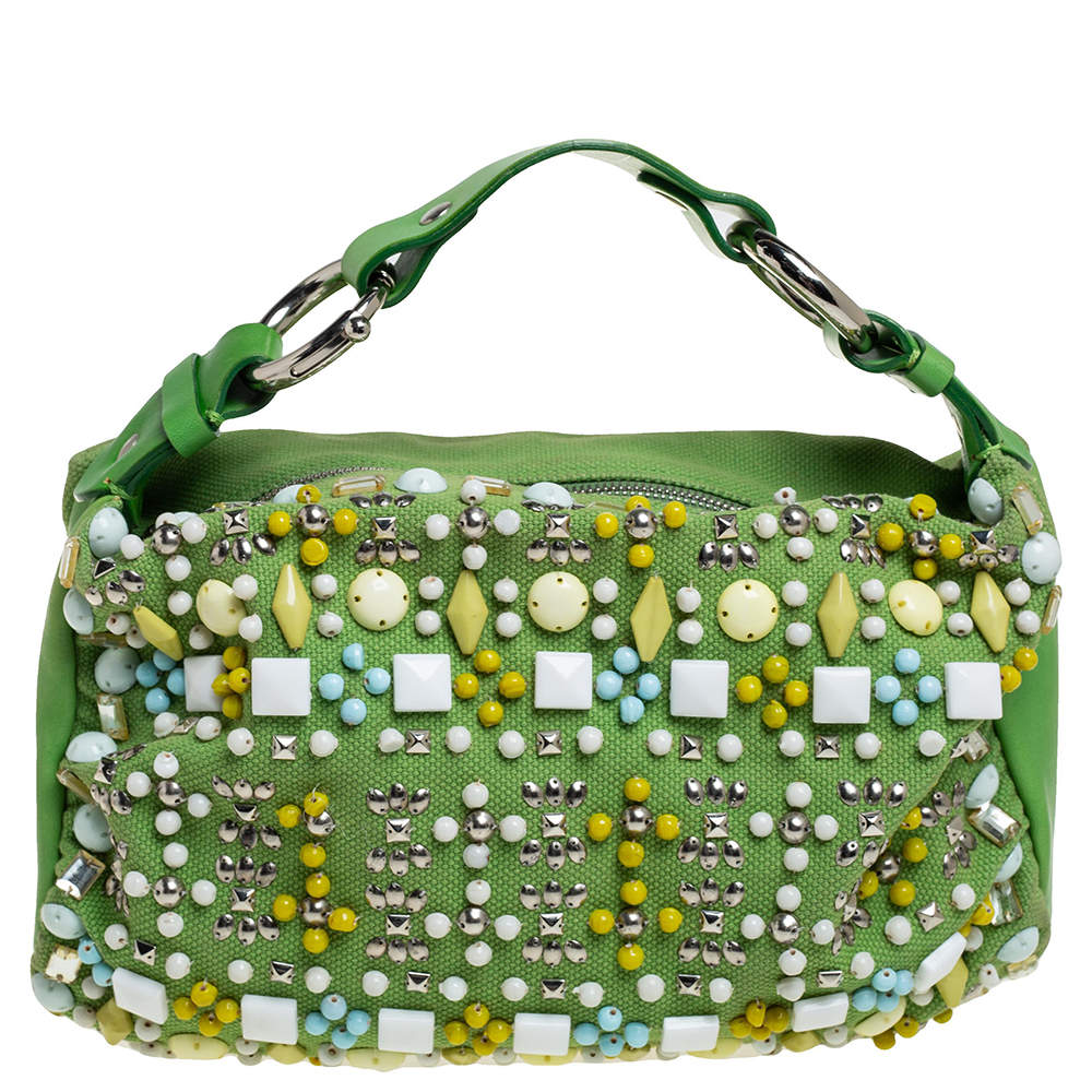 Pre Owned Chloe Green Canvas and Leather Beaded Hobo
