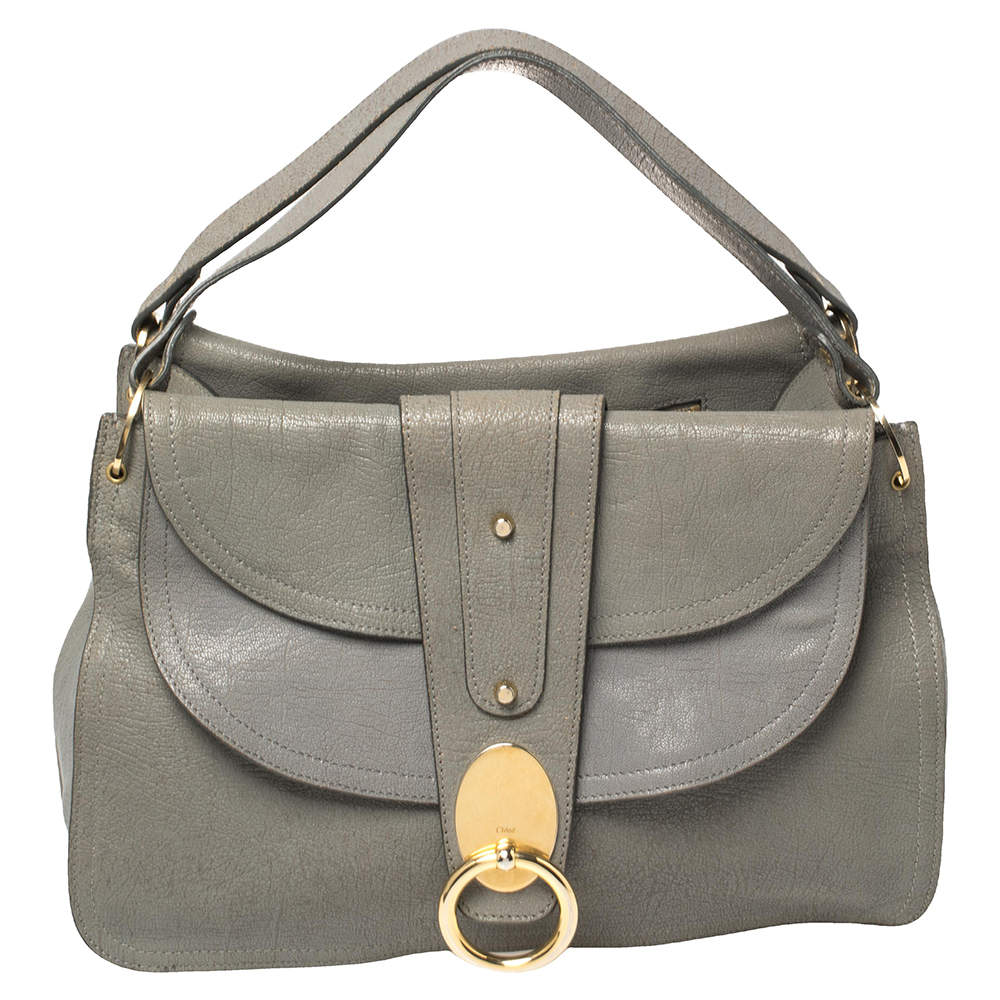 Pre Owned Chloe Grey Leather Flap Kathleen Satchel