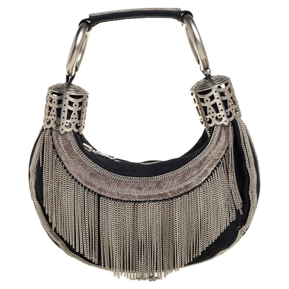 Pre Owned Chloe Black Canvas Chain Embellished Crescent Hobo