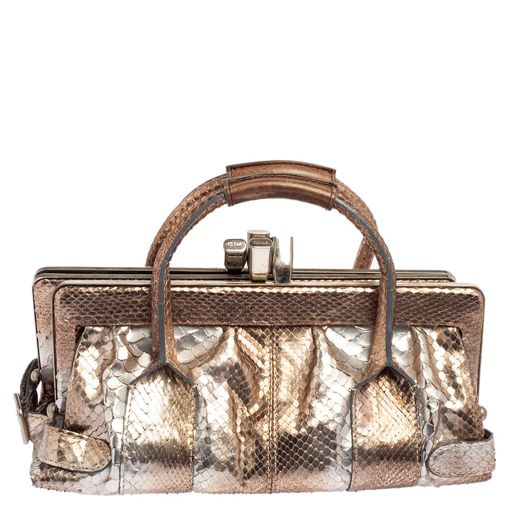 Pre Owned Chloe Metallic Beige/Grey Snakeskin Kisslock Frame Satchel