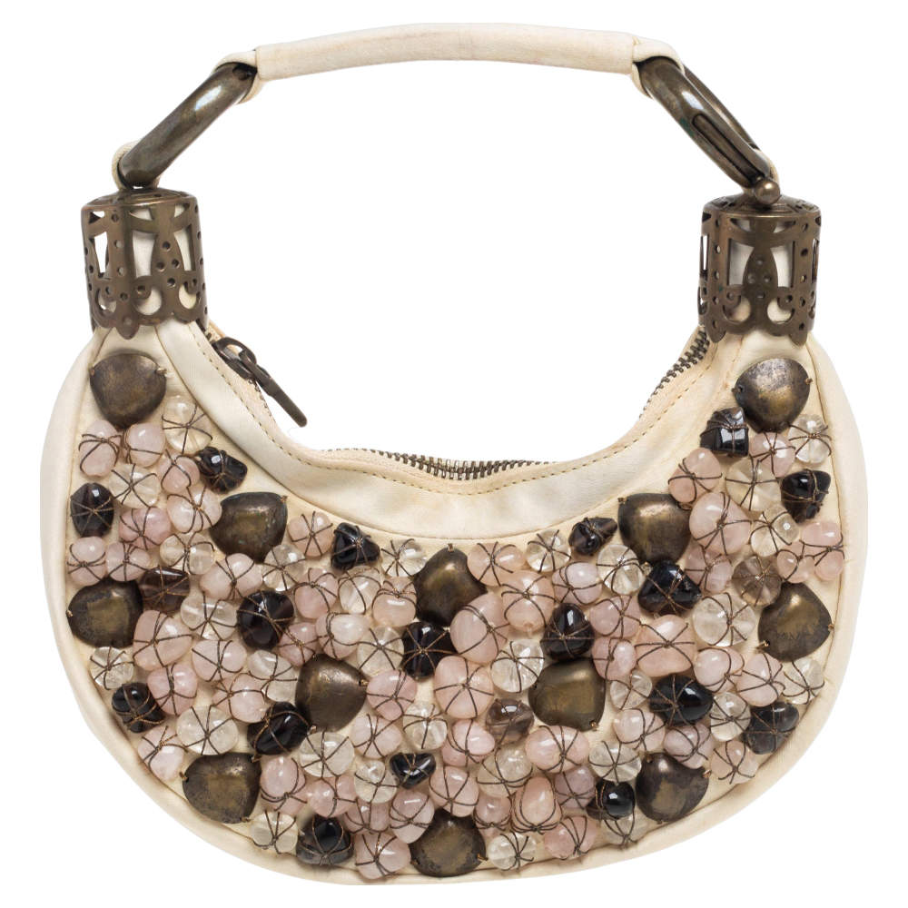 Pre Owned Chloé White Fabric Small Pebbles Stone Embellished Hobo