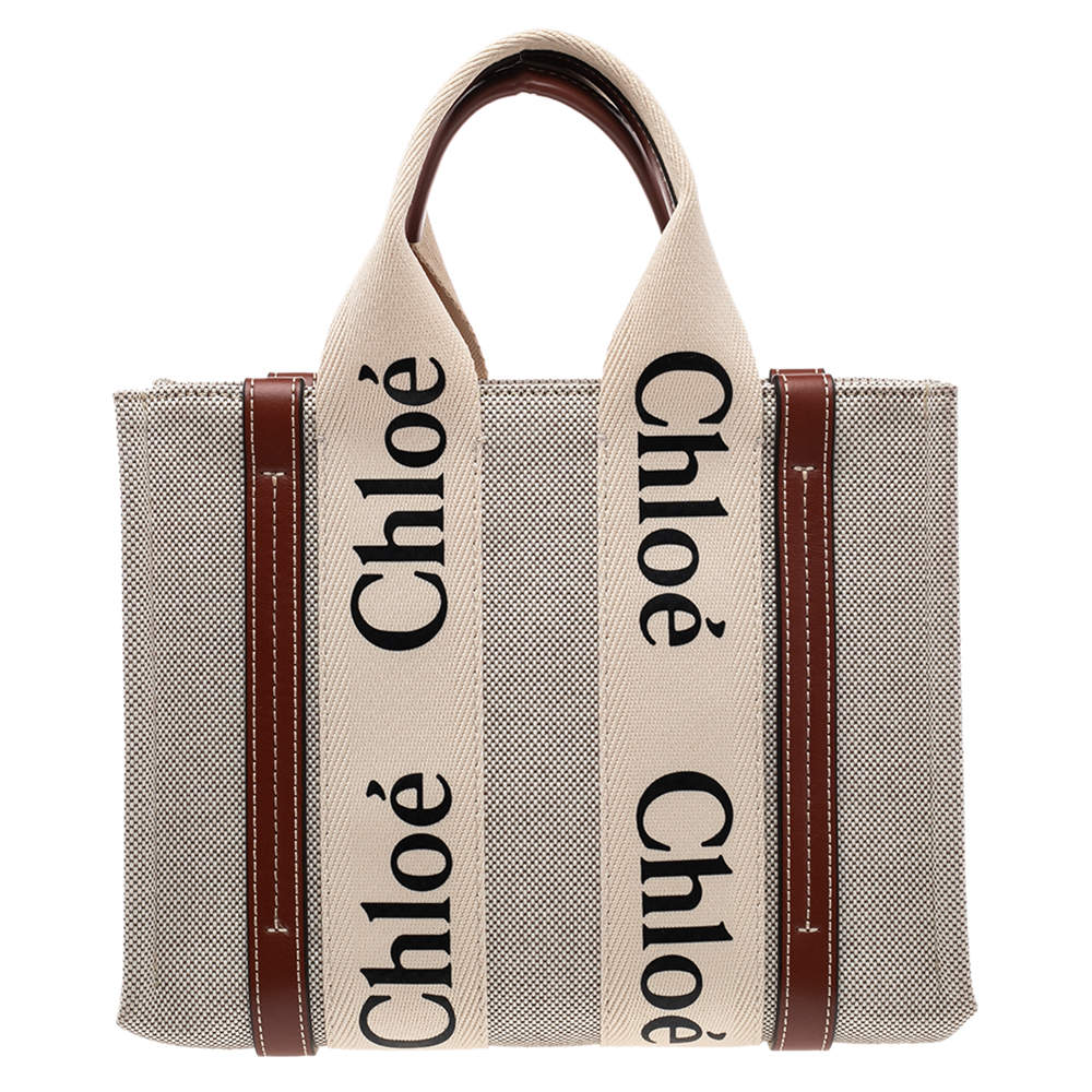 Pre Owned Chloe Beige/Brown Canvas and Leather Small Woody Tote 