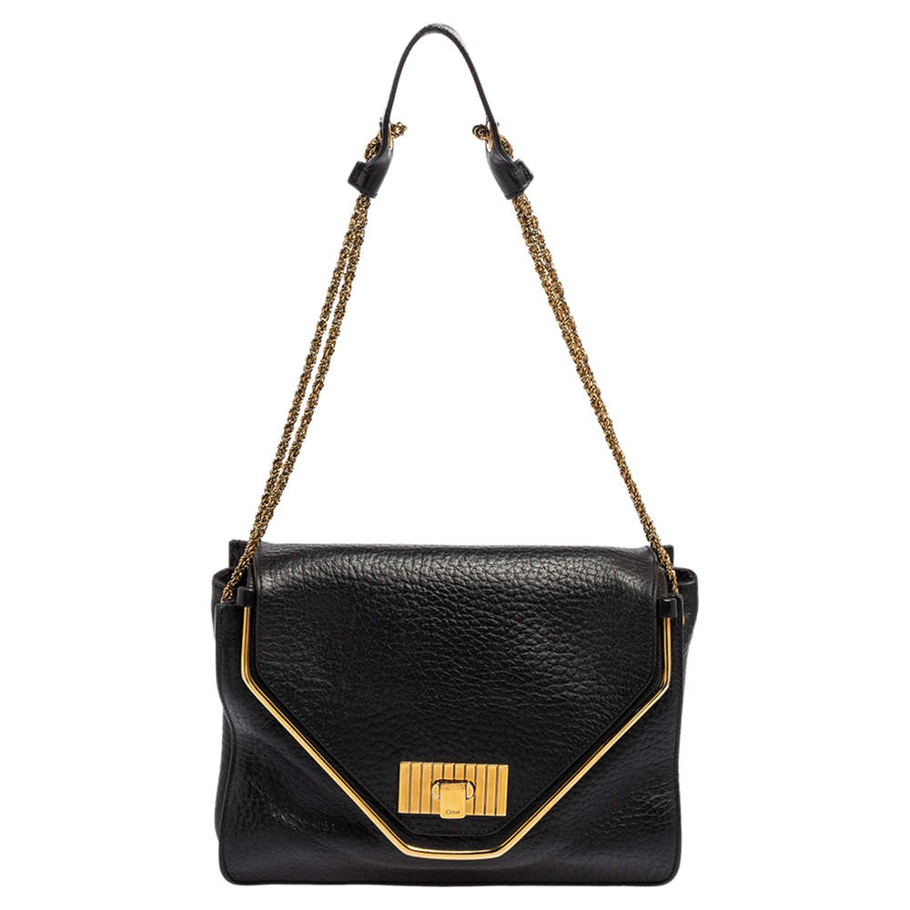 Pre Owned Chloe Black Pebbled Leather Medium Sally Flap Shoulder Bag