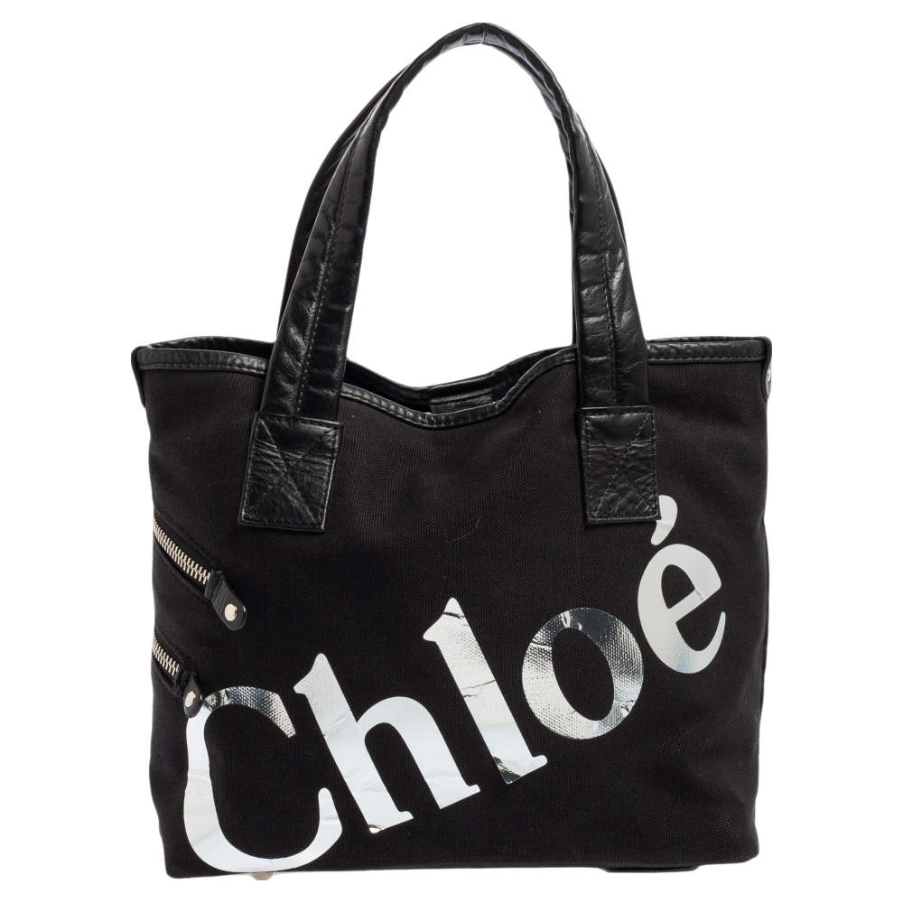 Chloe Black/Silver Canvas and Leather Logo Printed Tote