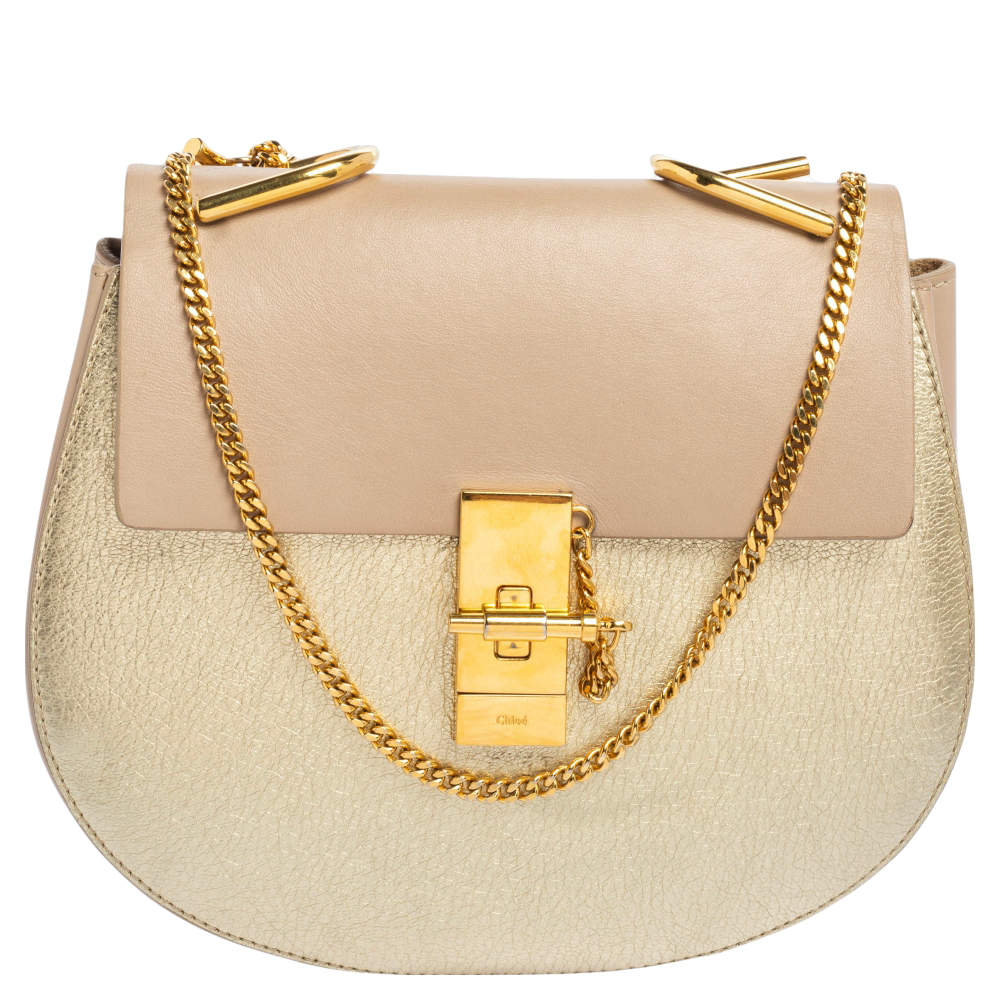 Pre Owned Chloe Pink/Gold Leather Medium Drew Shoulder Bag