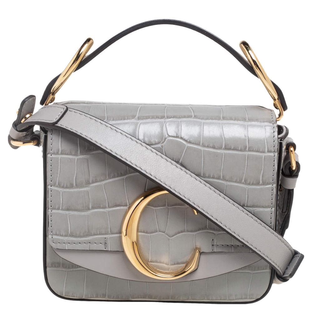 Pre Owned Chloe Grey Croc Embossed Leather Mini C Top Handle Bag