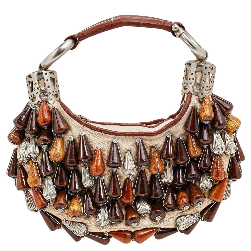 Pre Owned Chloe Beige/Tan Canvas and Leather Embellished Crescent Hobo