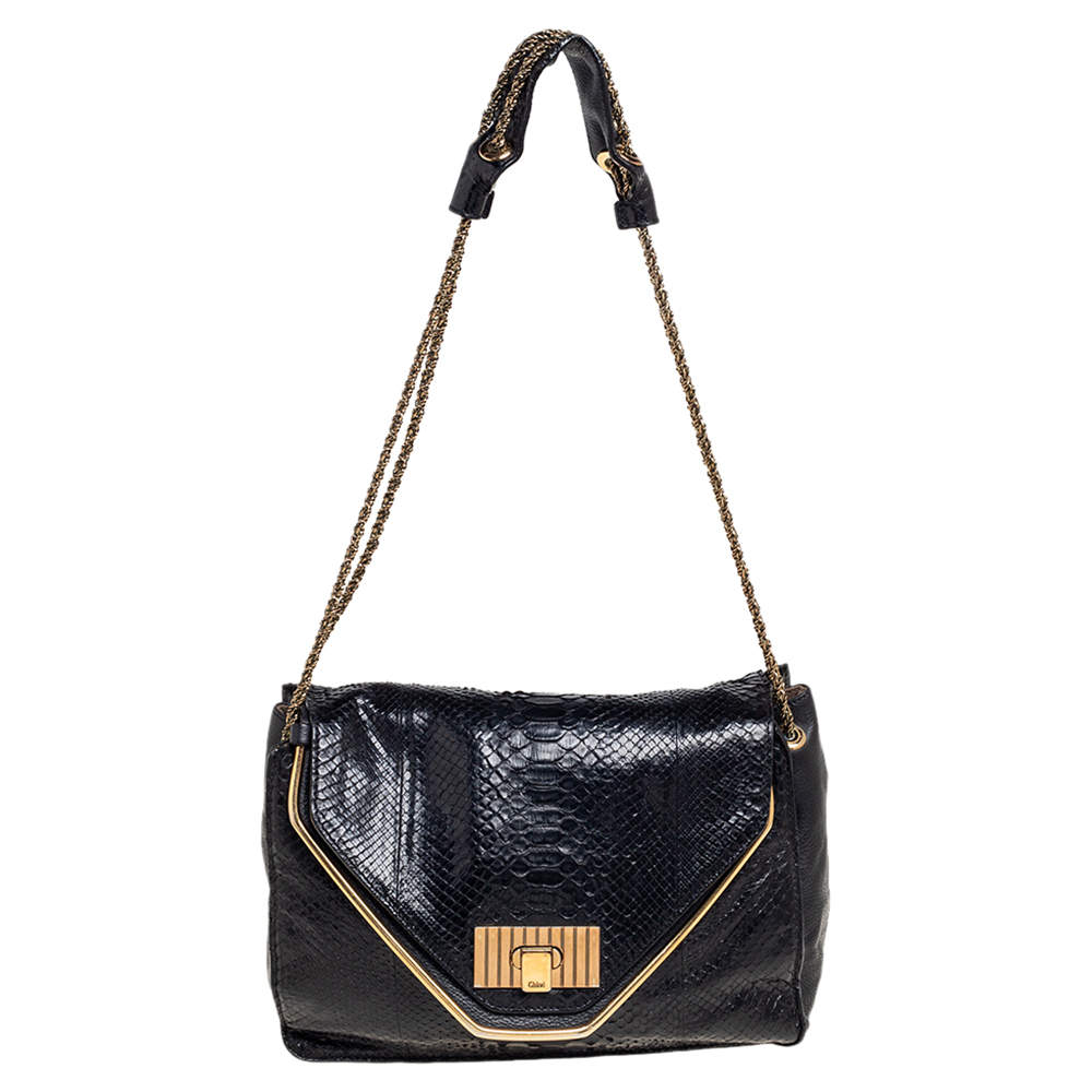 Pre Owned حقيبة كتف كلوي سالي جلد ثعبان أسود بقلاب متوسطة