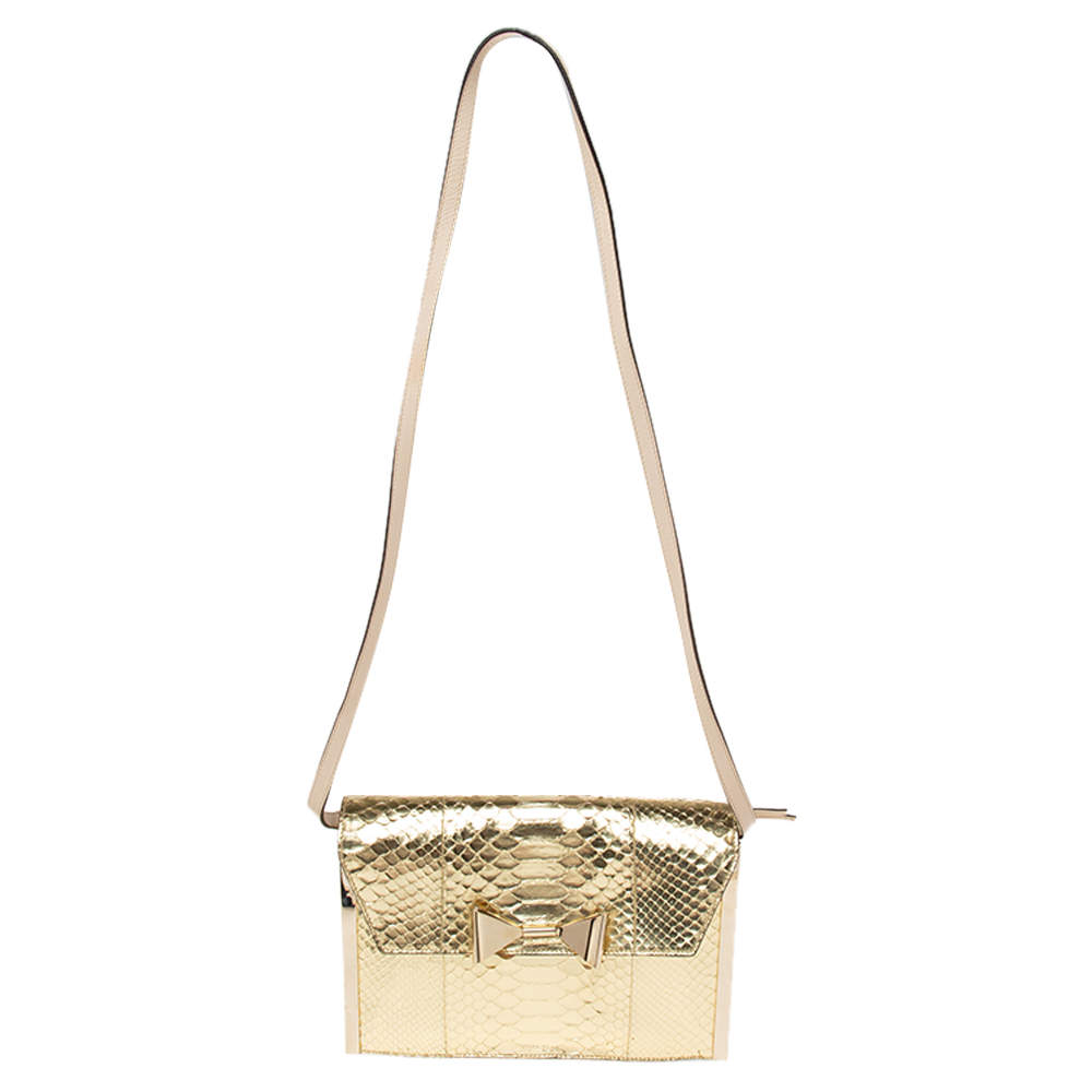Pre Owned Chloe Gold Python Rachel Bow Crossbody Bag