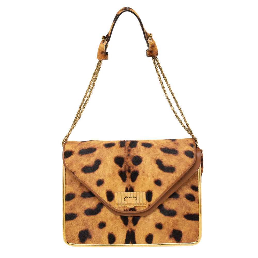 Pre Owned Chloe Brown/Beige Leopard Print Pony Hair And Leather Medium Sally Shoulder Bag