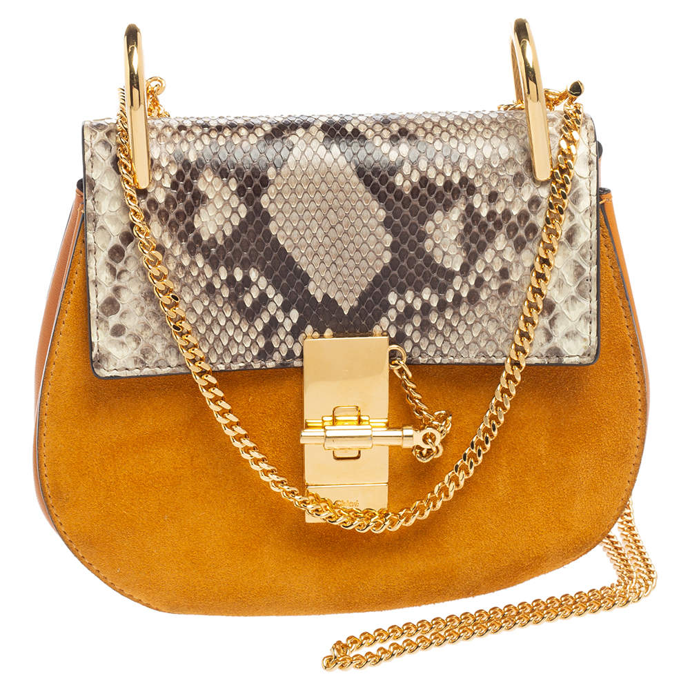 Pre Owned Chloe Mustard/Brown Suede and Python Small Drew Shoulder Bag