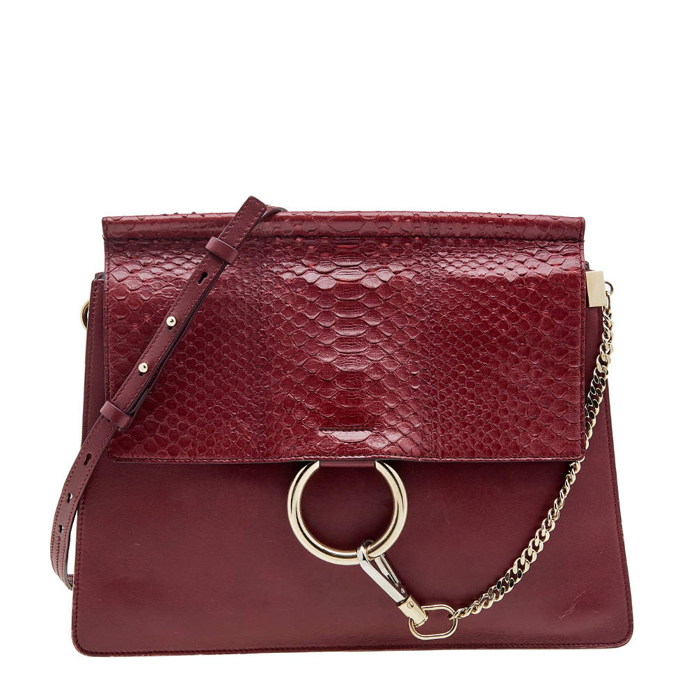 Pre Owned Chloe Burgundy Python and Leather Medium Faye Shoulder Bag