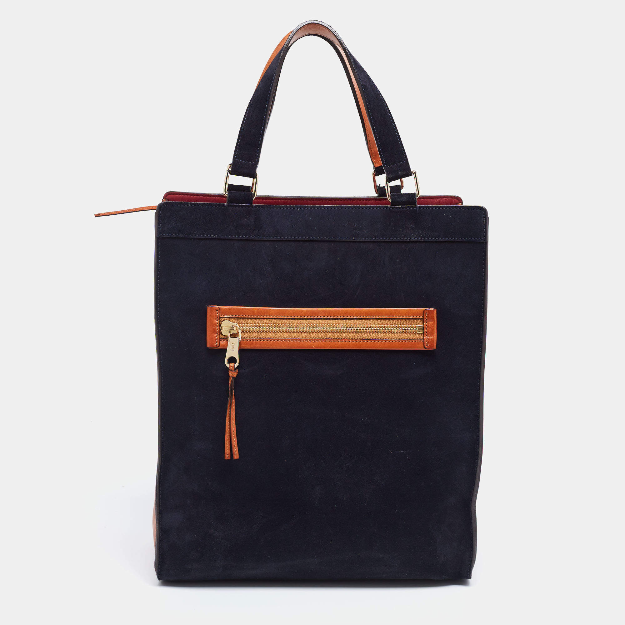 Pre Owned Chloe Navy Blue/Tan Suede and Leather Top Zip Tote