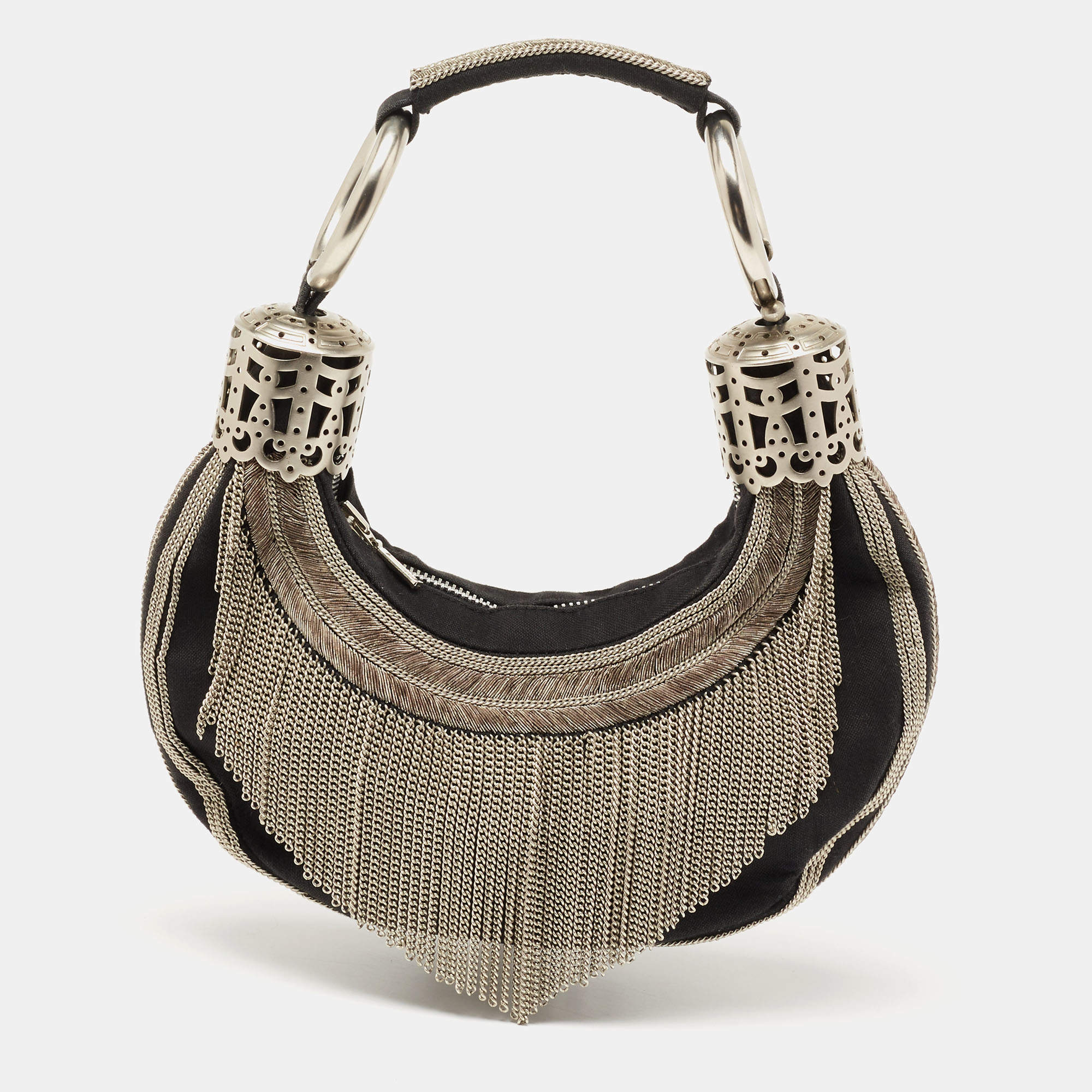 Pre Owned Chloe Black Canvas Chain Embellished Crescent Baguette