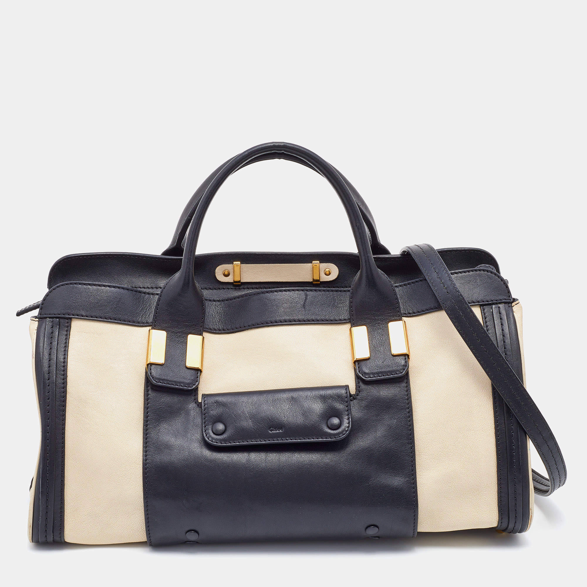 Pre Owned Chloe Black/Off White Leather Alice Satchel