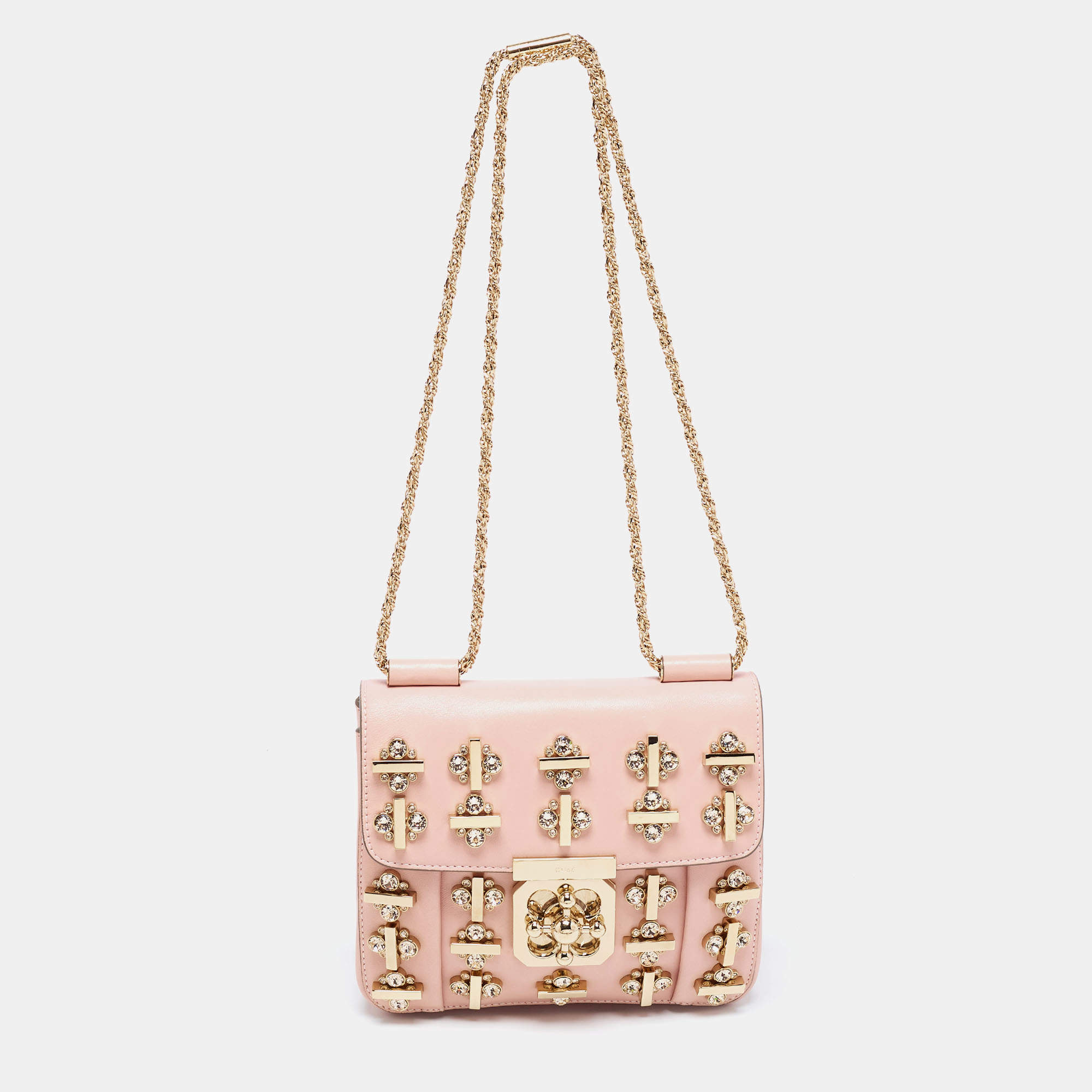 Pre Owned Chloe Pink Leather Crystal Embellished Elsie Shoulder Bag
