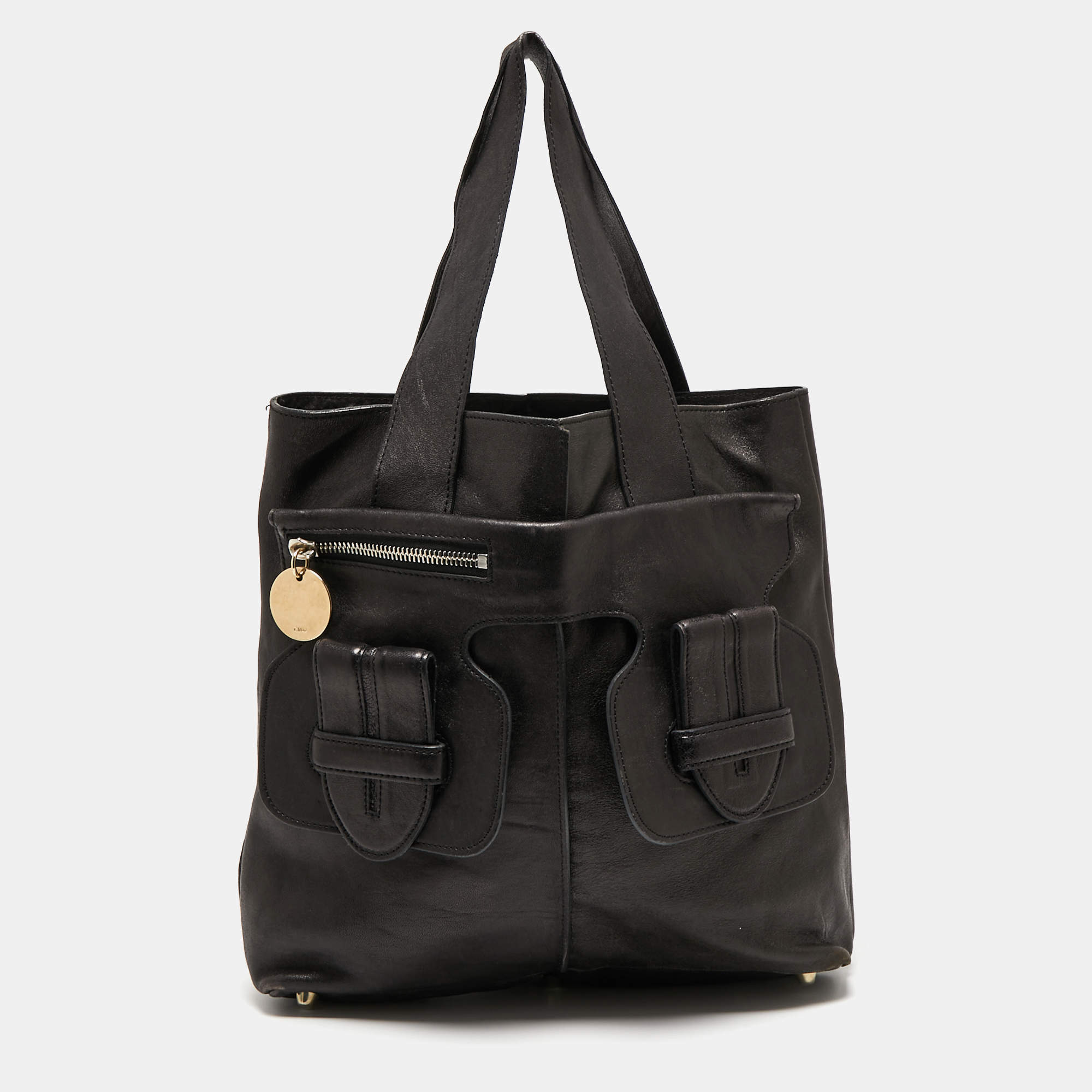مملوكة مسبقًا Chloe Black Leather Twin Pocket Shopper Tote 