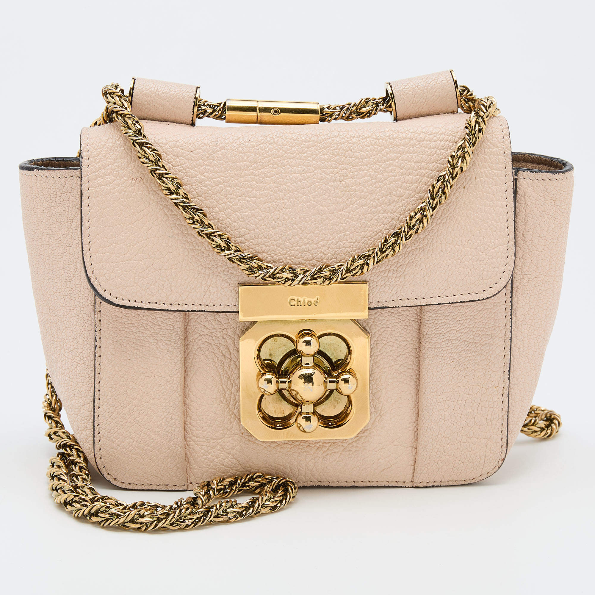 Pre Owned Chloe Peach Leather Mini Elsie Crossbody Bag
