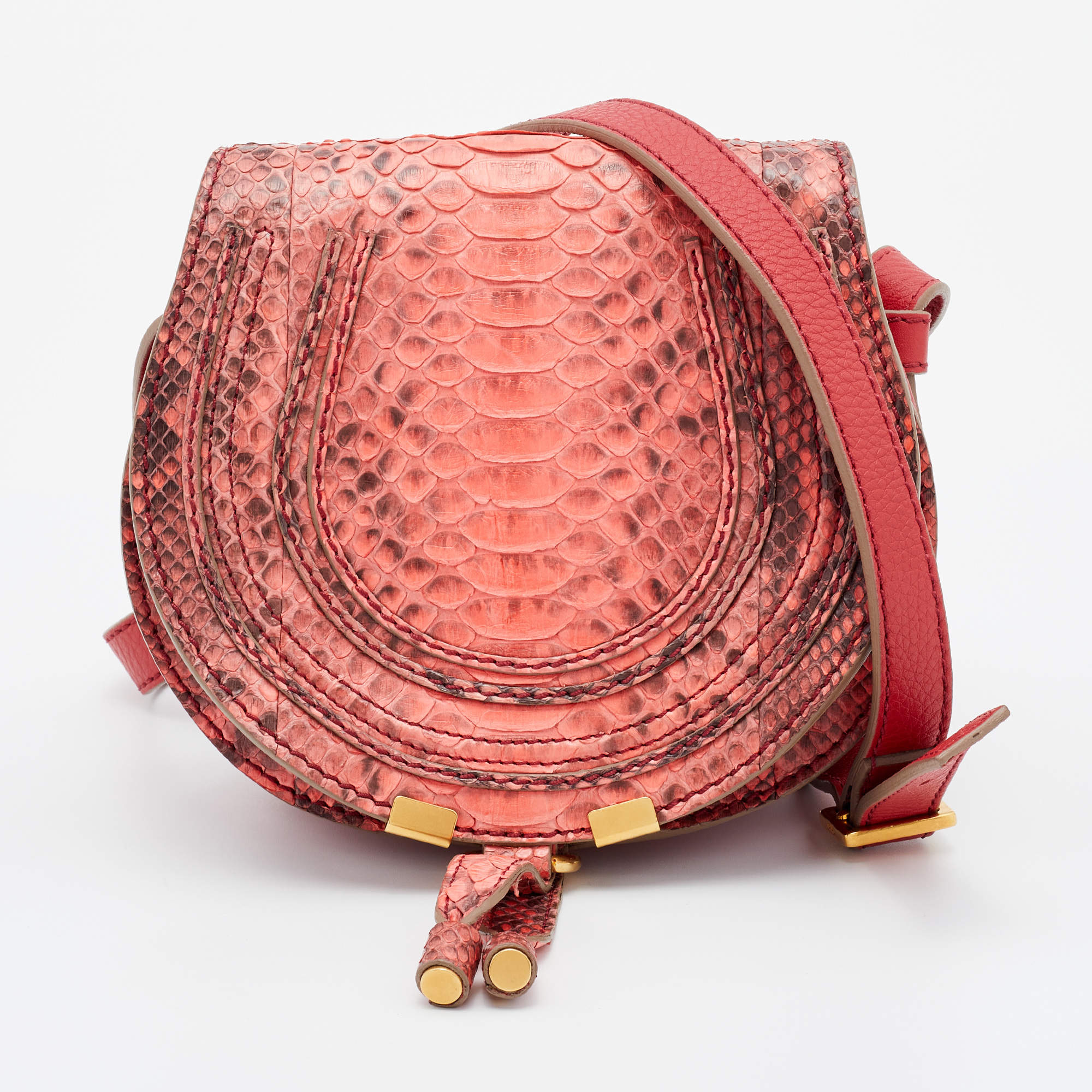 Chloe Peach Pink Rust Red Python And Leather Mini Marcie Flap Shoulder Bag