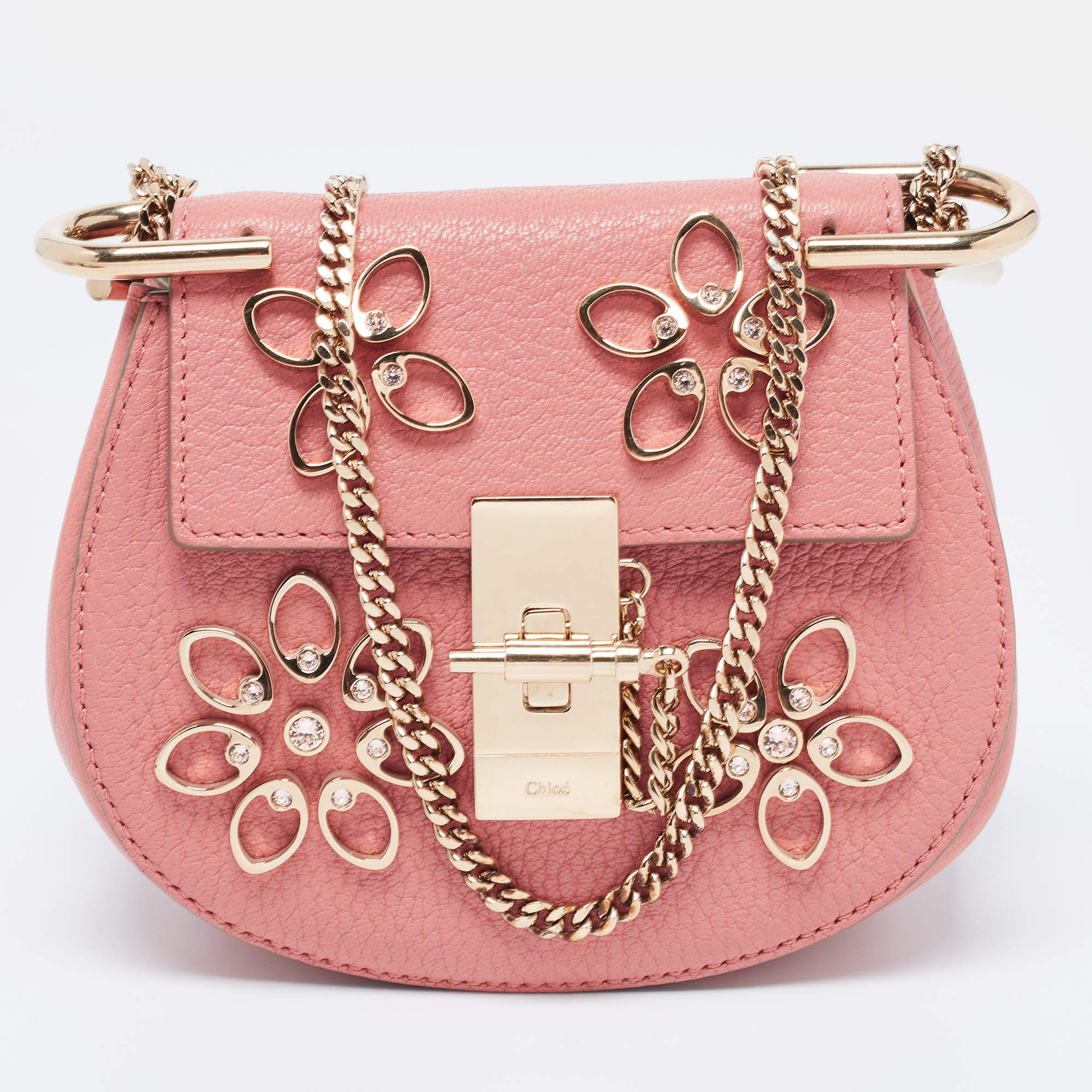 Pre Owned Chloe Pink Leather Nano Flowers Crystal Embellished Drew Shoulder Bag