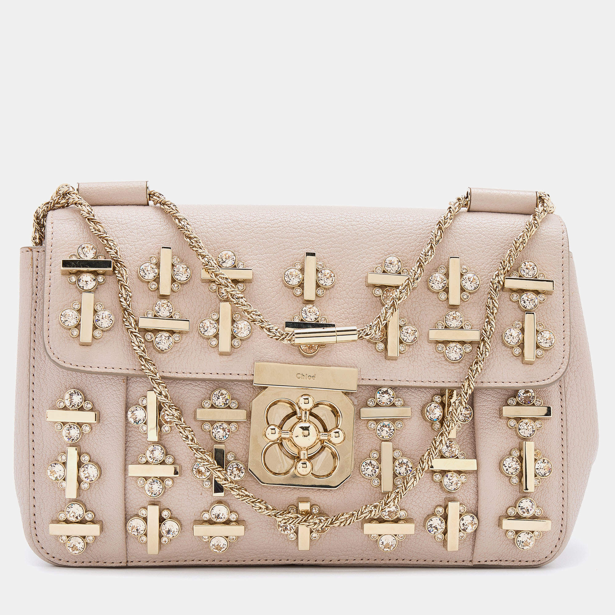 Pre Owned Chloe Baby Pink Leather Crystal Embellished Elsie Shoulder Bag
