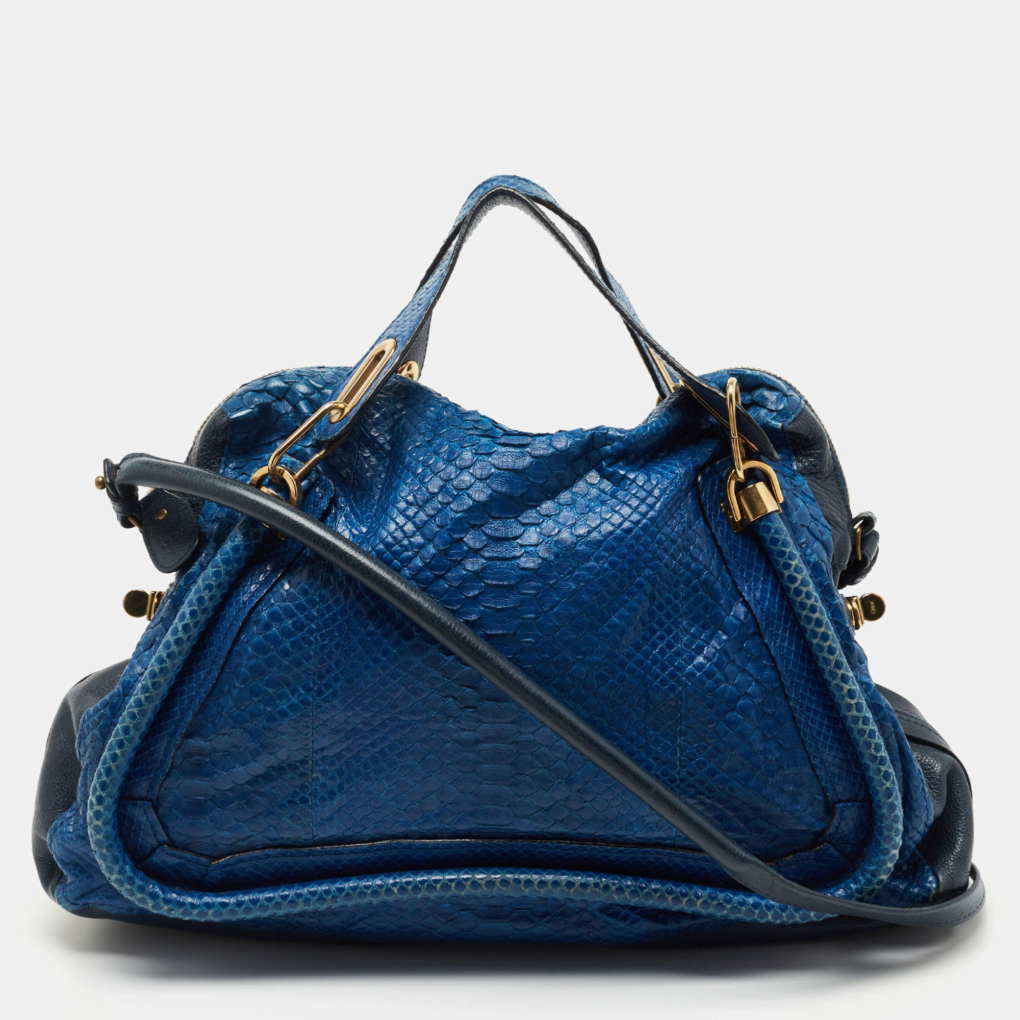 Pre Owned Chloe Blue/Black Snakeskin and Leather Large Paraty Satchel
