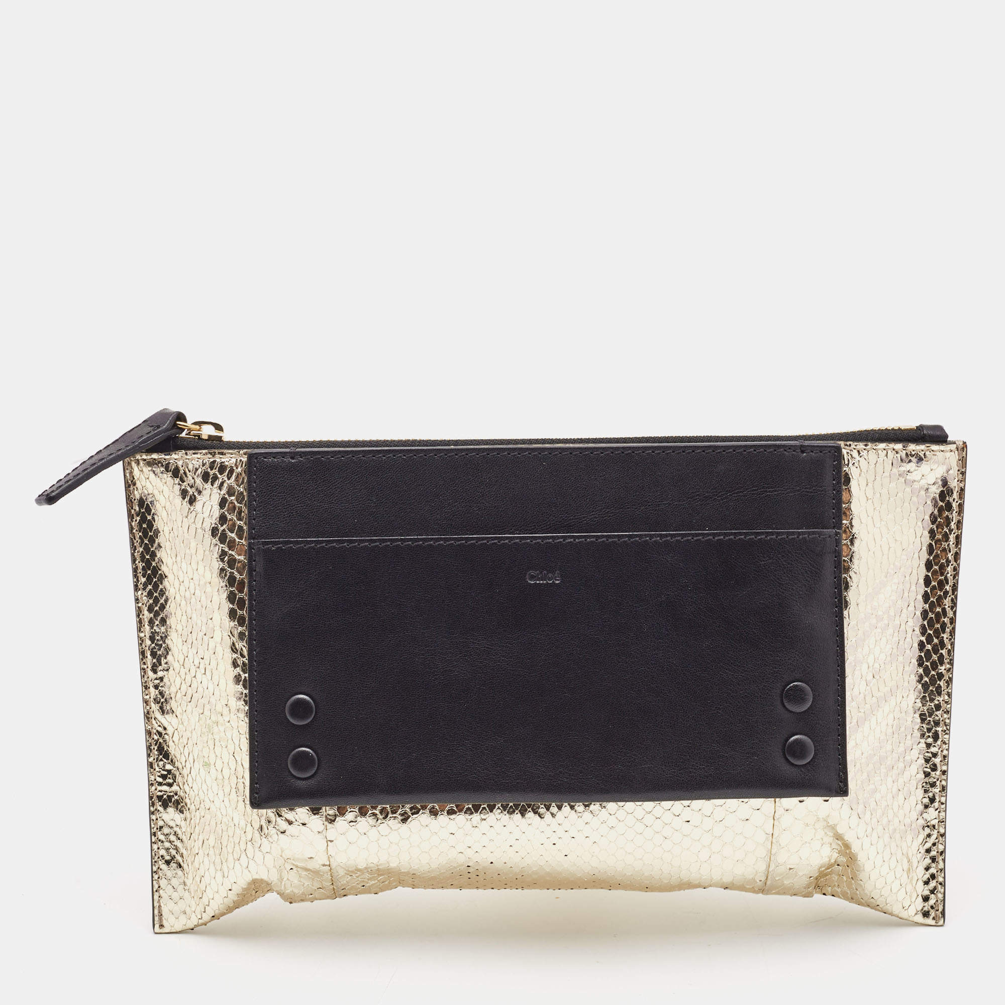 Chloe Metallic Gold/Black Snakeskin and Leather Clutch