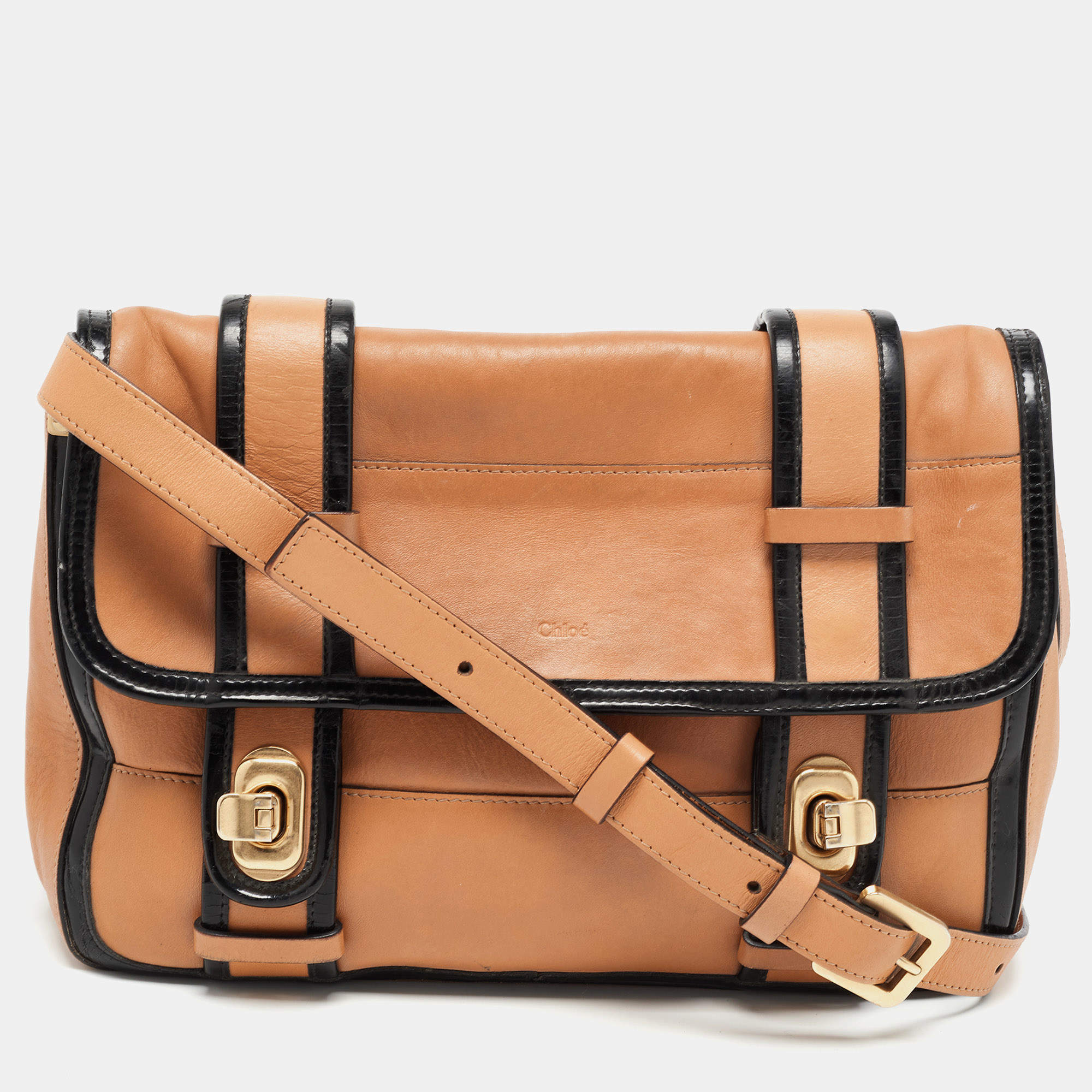 Pre Owned Chloe Tan/Black Patent and Leather Flap Shoulder Bag