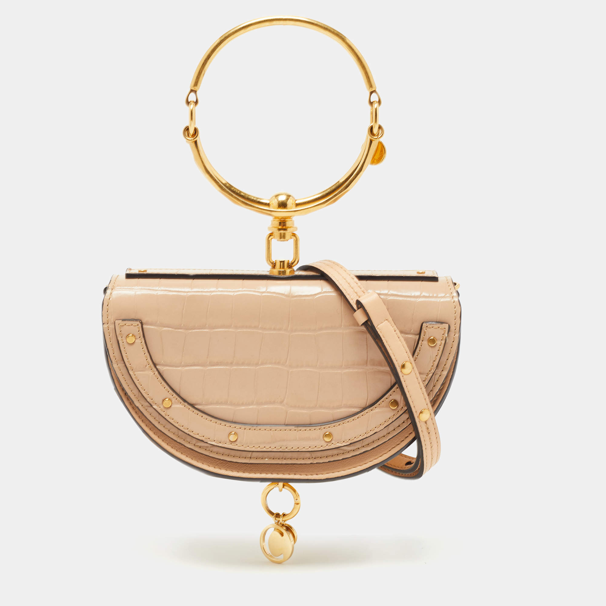 Chloe Beige Croc Embossed Leather Nile Minaudiere Crossbody Bag