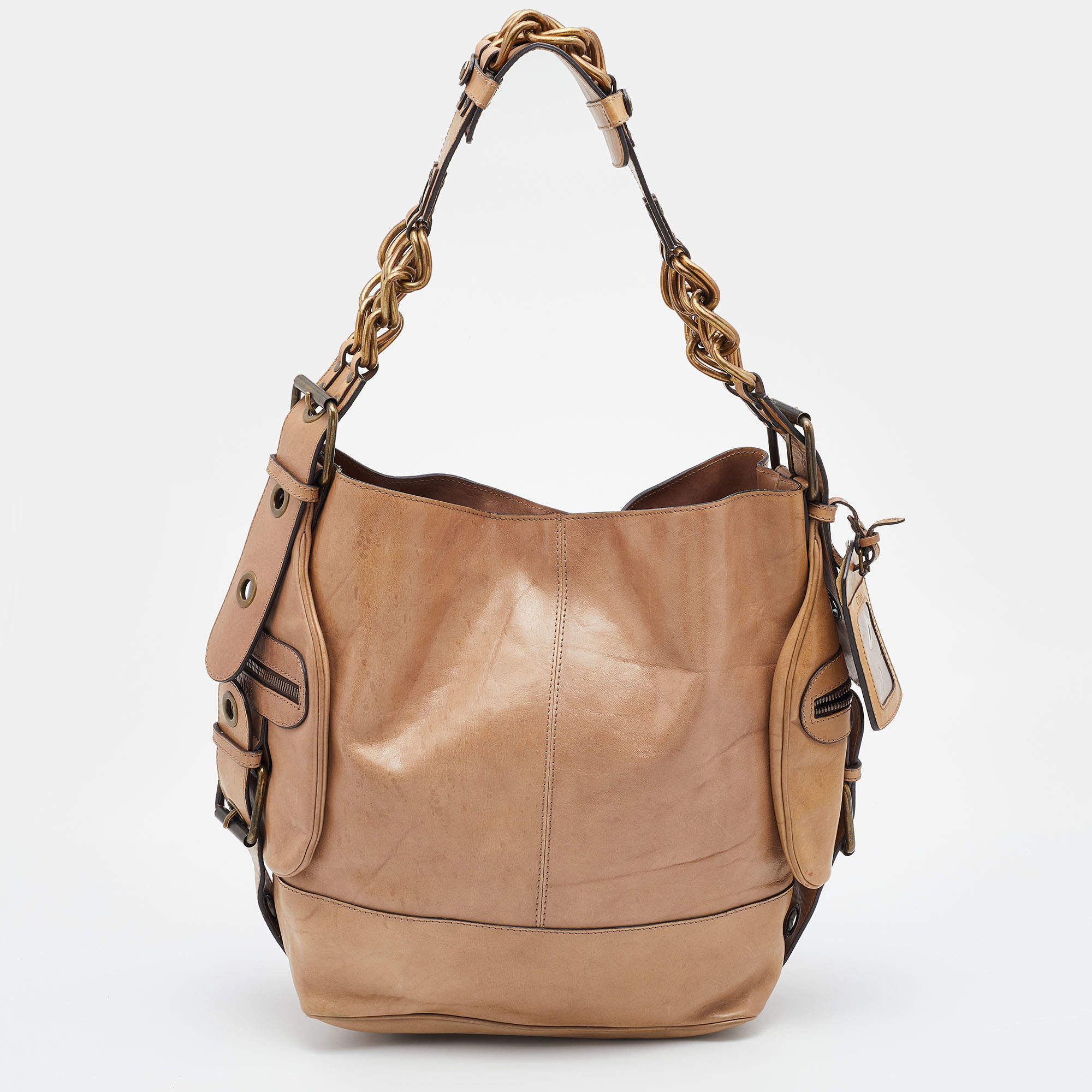 Chloe Beige Leather Large Chain Detail Hobo
